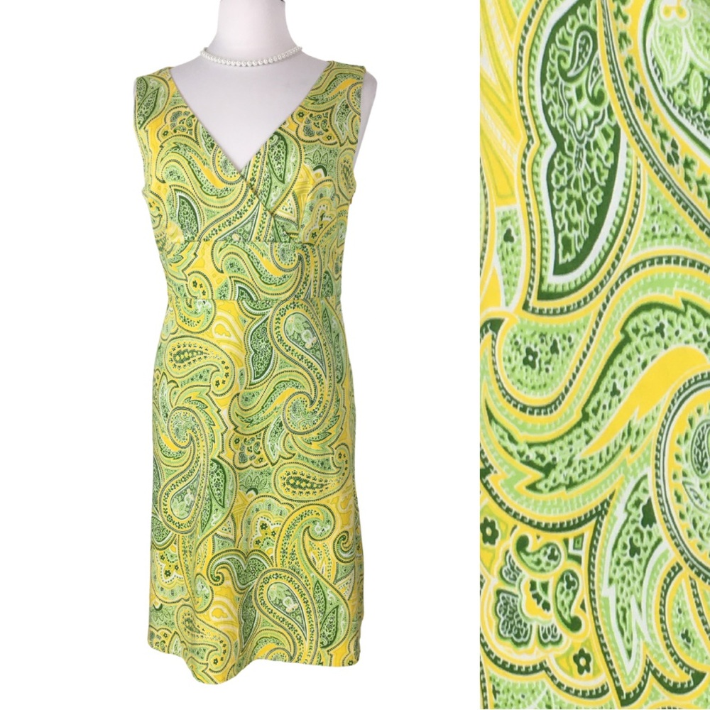 Spense Paisley Yellow and Green Cotton Surplice V-Neck Sleeveless Midi Dress 12 - Picture 1 of 16
